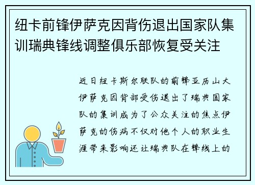 纽卡前锋伊萨克因背伤退出国家队集训瑞典锋线调整俱乐部恢复受关注